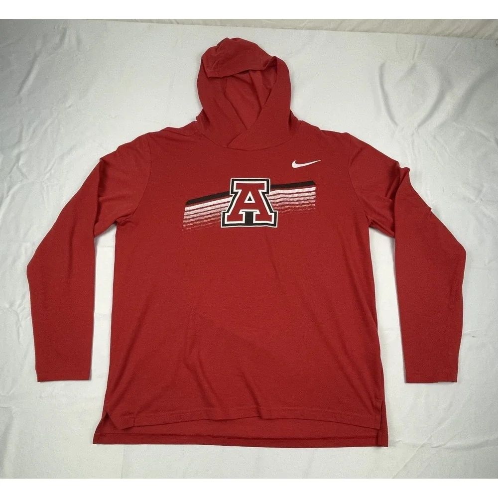 NIKE ARKANSAS RAZORBACKS HOODED PERFORMANCE LONG SLEEVE SHIRT RED MENS LARGE